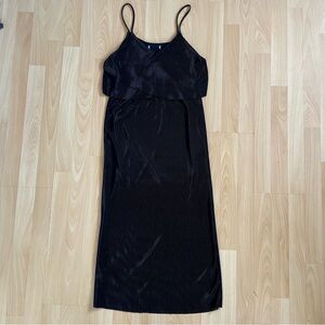 Shiny Black Pleated V Neck Vintage Silk Slip Dress Sleeveless Peplum Size M